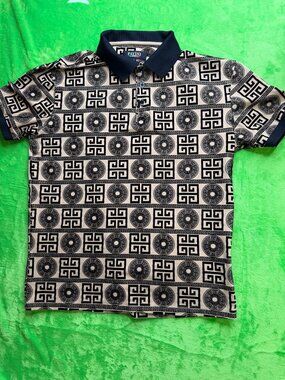 Pavini by Rocco Ravalli Polo Shirt Sz L Greek Key Medallion Tan Black
